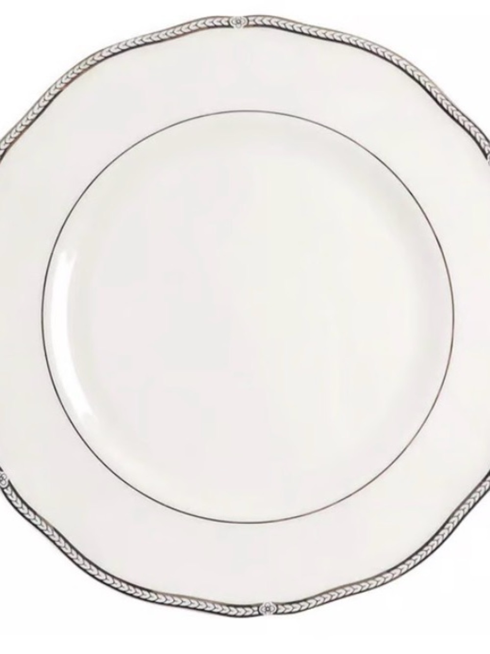 Set of 2 Wedgewood crown platinum dinner plates, scalloped edge, laurel trim